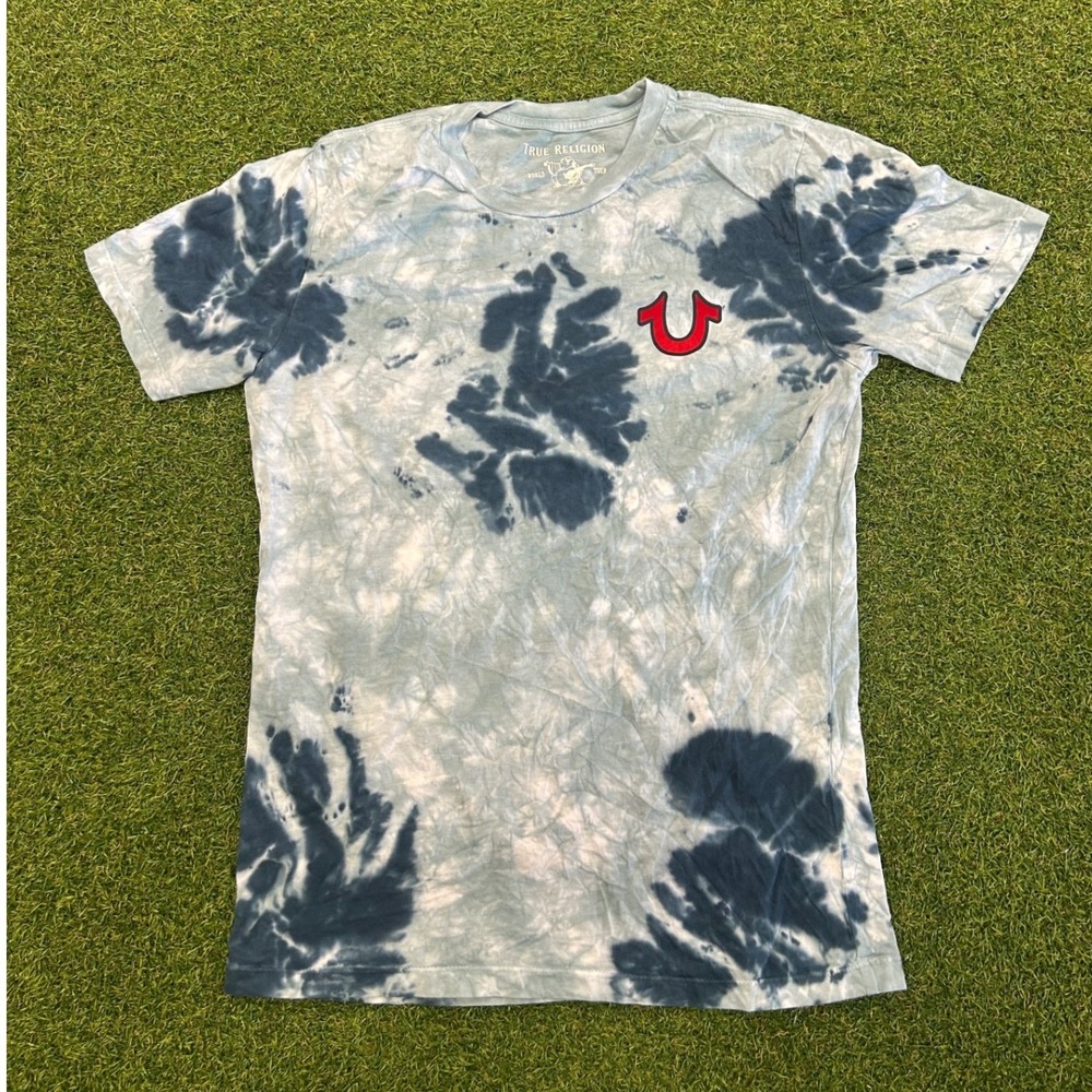 True Religion Mens Tie Dye Buddha Guitar Graphic T-Shirt Blue White XS